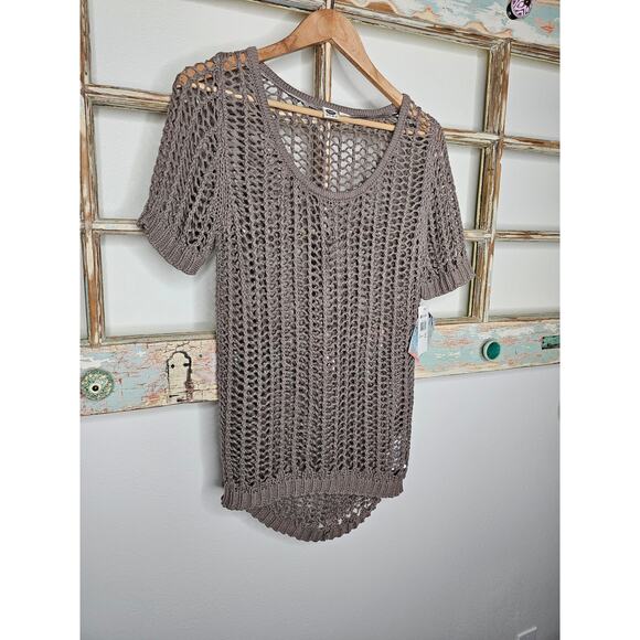NWT Roxy Taupe Open Knit High Low Short Sleeve Top Size Large - Picture 2 of 8